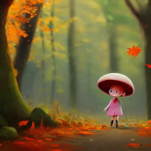 Prompt: collecting mushrooms ilustration a beautiful little girl smiling, walking calmly through an autumn forest, style by goro fujita, character art, sharp focus, highly detailed, artstation