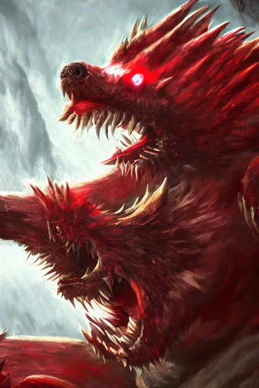 Image similar to Draconic crimson red bear with white stripes, Monster Hunter, CAPCOM, HD, trending on artstation, D&D, Dark Fantasy, Epic Fantasy, Dragon's Dogma