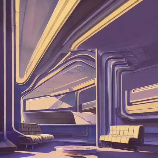 Prompt: a beautiful illustration of futuristic interior hall, lots of furniture, sofa, waiting room, big medium small, sacred geometry, golden ratio, in watercolor gouache detailed paintings, in style of syd mead, trending on artstation,8k, panel, hard surface, vent, zaha hadid