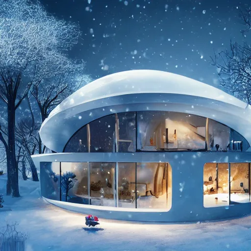 Prompt: a beautiful futuristic home in the winter, artstation