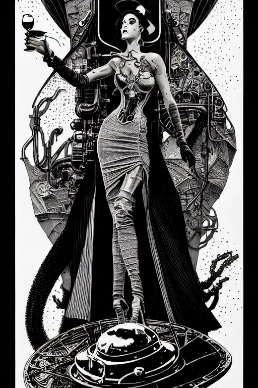 Image similar to side view of a majestic steampunk alchemist wizard holding a martini, high details, bold line art, by vincent di fate and joe fenton, inking, etching, screen print, masterpiece, trending on artstation, sharp, high contrast, hyper - detailed,, hd, 4 k, 8 k