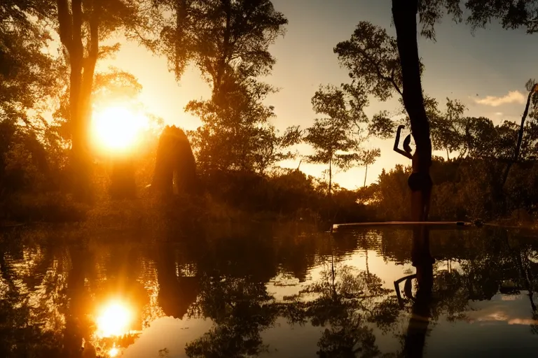 Prompt: a beautiful woman bathing in a serene forest pool, silhouetted against the setting sun