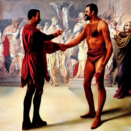 Prompt: freddie mercury shaking hands with julius caesar, painting 4 k masterpiece