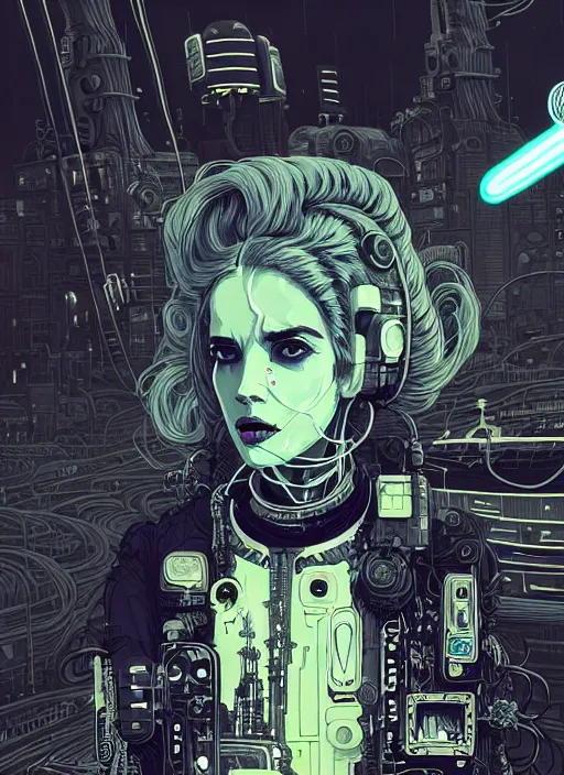 Image similar to highly detailed portrait of wasteland punk long curly neon white plasma electricity hair tribal lady, stray electric spark wiring by atey ghailan, james gilleard, by joe fenton, by greg rutkowski, by greg tocchini, by kaethe butcher, 4 k resolution, gradient yellow, black and white color scheme!!! ( ( lightning cloudy robotic dystopian city background ) )
