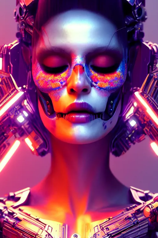 Prompt: beautiful android woman, eyes closed, photorealistic cinematic, 3 d model, cyborg, postcyberpunk, blade runner, octane render, triadic color scheme, concept art, vogue, 8 k, intricate detailed environment el dia los muertos. by terry oneill and artgerm and kuciara and mucha