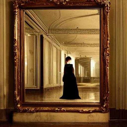 Image similar to a beautiful victorian woman is frightened by her doppleganger in a mirror. she is in a long hallway of mirrors. victorian interior, with many mirrors, elegant design, haunting atmosphere, dimly lit, gothic, horror style, by greg rutkowski, realistic, low angle, 3 / 4 view.