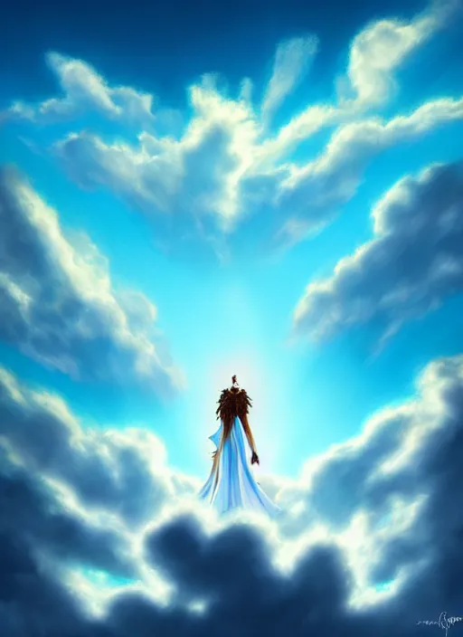 Image similar to queen of the underworld floats the sky like a star the sky is a turquoise blue with beautiful white fluffy clouds, hyper realism volumetric lighting