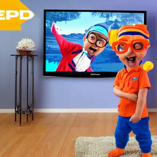 Image similar to baby looking at a tv. blippi is on the tv screen, award winning, cinematic, photorealistic, 8 k