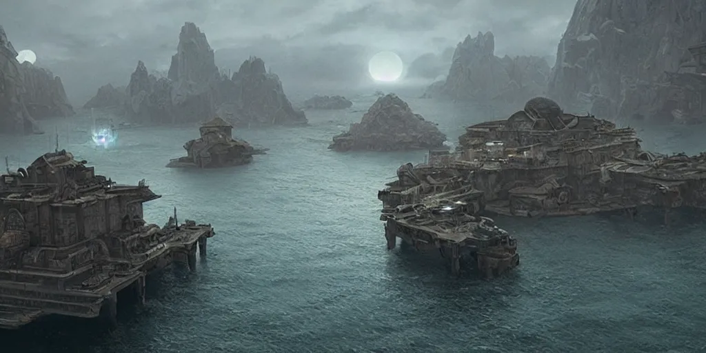 Image similar to screenshot from a movie, epic matte painting of a science fiction outpost on an island, cinematic cinematography masterpiece, greg rutkowski, and ivan aivazovski, roger deakins