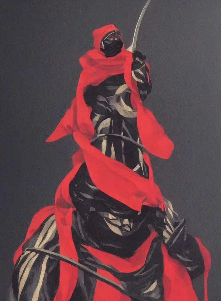 Image similar to sfumato renaissance oil painting of a ninja shaman, modern minimal isei miyake outfit, in the style of syd mead, jeremy cowart, concept art