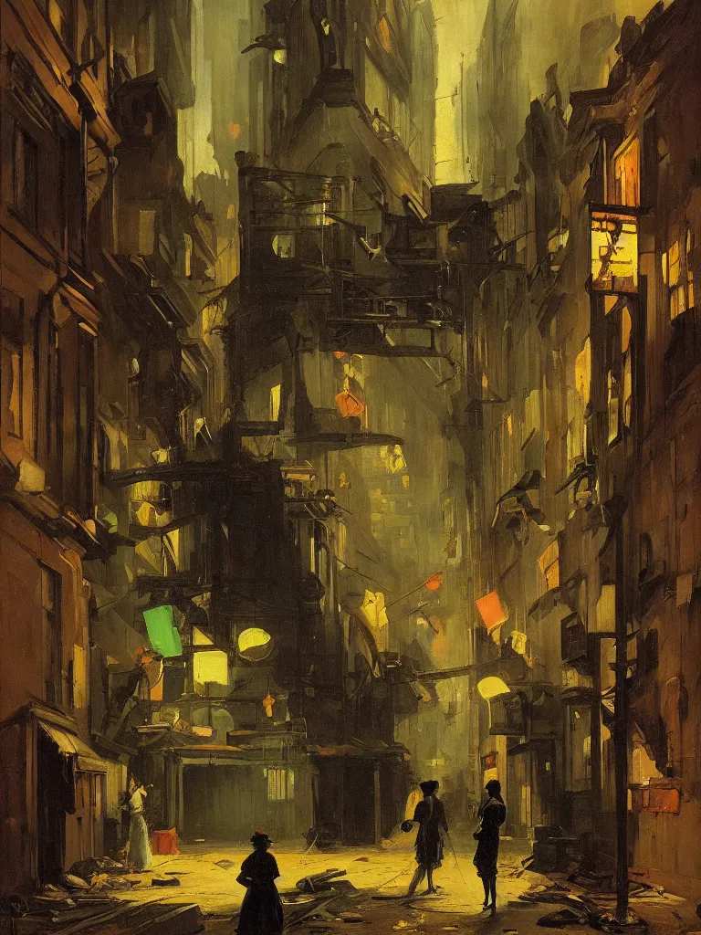 Image similar to a dark alley with abandoned buildings, a nightclub with neon signs by carl spitzweg and edward hopper