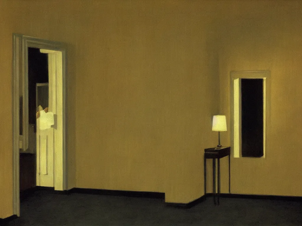 Image similar to the shinning hotel hallway, 70s, americana, dim, dark, lone scary silhouette in the distance, ultra view angle view, realistic detailed painting by edward hopper