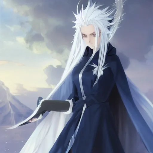 Image similar to anime girl with white hair gathered in two tails, with white diamond - shaped hairpins on her head, dark blue eyes, in a white cloak and hood, anime style, 4 k, high quality, digital painting, elegant, highly detalied, artstation, concept art, art by artgem and greg rutkowski and alphonse mucha