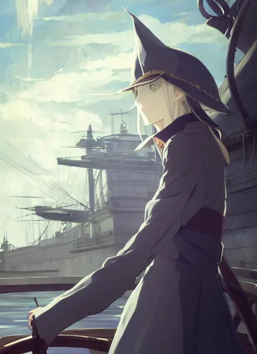 Image similar to portrait of lady maria, helm of second world war warship in background, illustration concept art anime key visual trending pixiv fanbox by wlop and greg rutkowski and makoto shinkai and studio ghibli and kyoto animation, symmetrical facial features, shoulder eyes, astral witch clothes, dieselpunk, realistic anatomy, gapmoe yandere grimdark, volumetric lighting, backlit