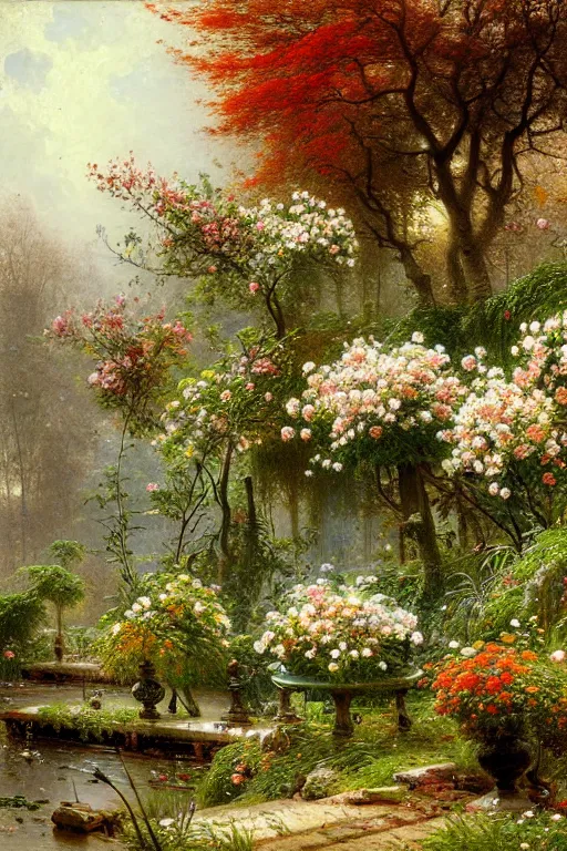 Prompt: detailed painting of a modern marble botanical sanctuary, flowers and plants blooming, trees, autumn, spring, winter, summer, filigree ornaments, andreas achenbach