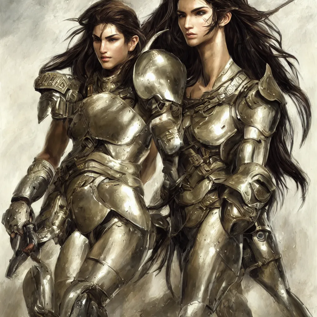 Image similar to a professionally painting of an attractive young goddess, partially wrapped in battle armor, olive skin, long dark hair, beautiful bone structure, perfectly proportioned, symmetrical facial features, intricate, elegant, heroic pose, digital painting, concept art, smooth, sharp focus, finely detailed, abstractly framed, from Metal Gear, in the mixed styles of Ruan Jia and Mandy Jurgens and Artgerm and William-Adolphe Bouguerea