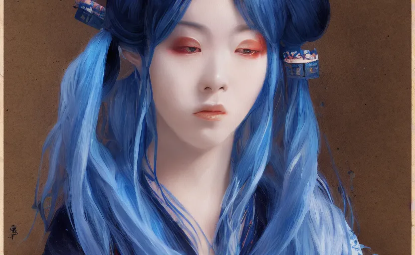 Prompt: a painting of a beautiful blue haired japanese woman in a kimono trending on artstation in the style of greg rutkowski
