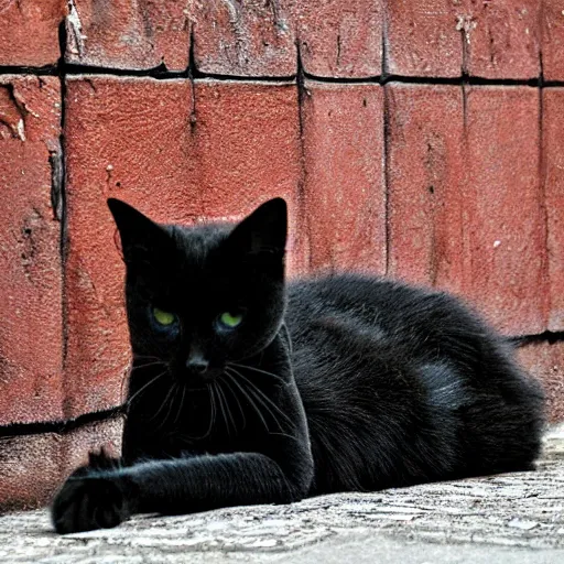 Prompt: Fiendish Phantom Cat lying down in an alleyway. High quality.