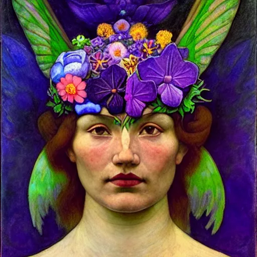 Image similar to the flower crown, by annie swynnerton and nicholas roerich and diego rivera, bioluminescent skin, tattoos, wings made out of flowers, elaborate costume, geometric ornament, symbolist, cool colors like blue and green and violet, smooth, sharp focus, extremely detailed