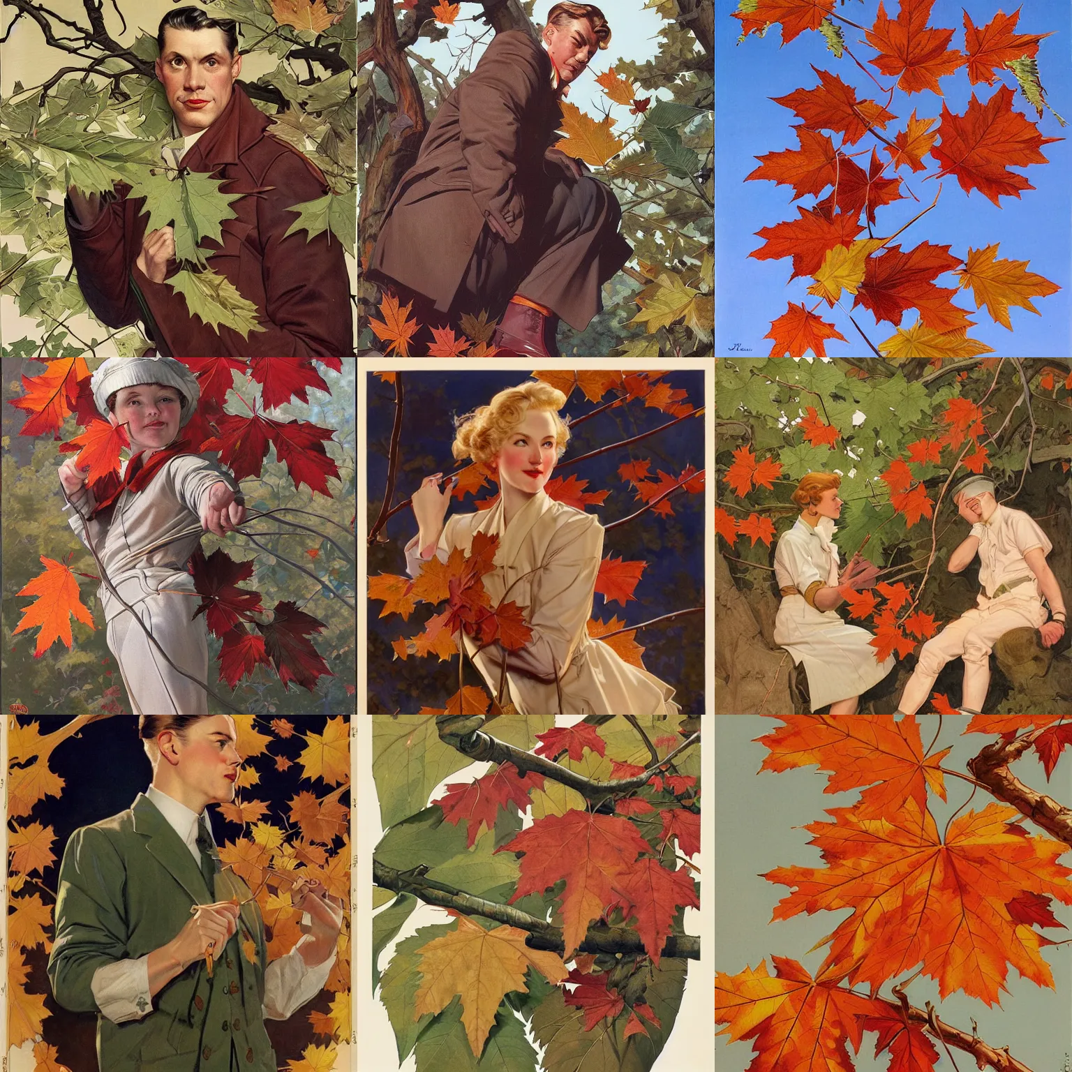 Prompt: already the leaves of the maple are falling on the swanpool and on the bloodstained bushes of the late - ripening rowan, artwork by jc leyendecker