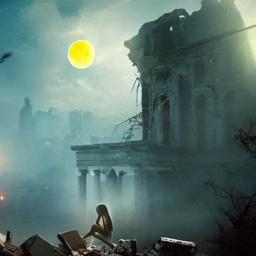 Prompt: A beautiful picture of a suicidal girl against the background of ruins of a destroyed city and a yellow -red moon, as move The Divide, extremely detailed, stunning volumetric lighting, atmosphere, hyper realism, fantasy 4k