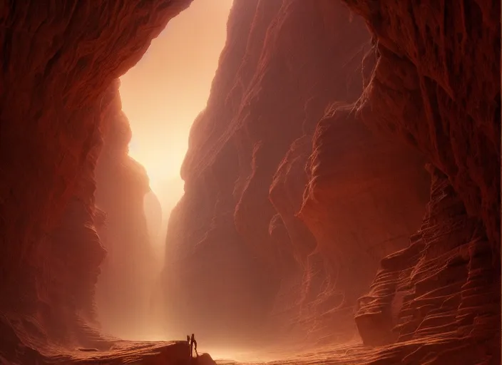 Prompt: a silhouette wanders in a martian canyon, by jean delville and sophie anderson and mandy jurgens and ralph mac quarrie, retrofuturism, immaculate scale, moody atmosphere, cinematic atmospheric, cinematic lighting, golden ratio, perfect composition, elegant, no crop, extremely detailed, 4 k, hd, sharp focus, masterpiece, trending on artstation