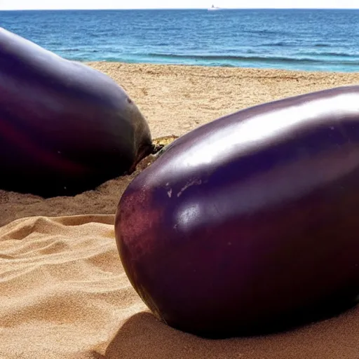 Prompt: anthropomorphic huge eggplant sunbathing on the beach among people, photo,