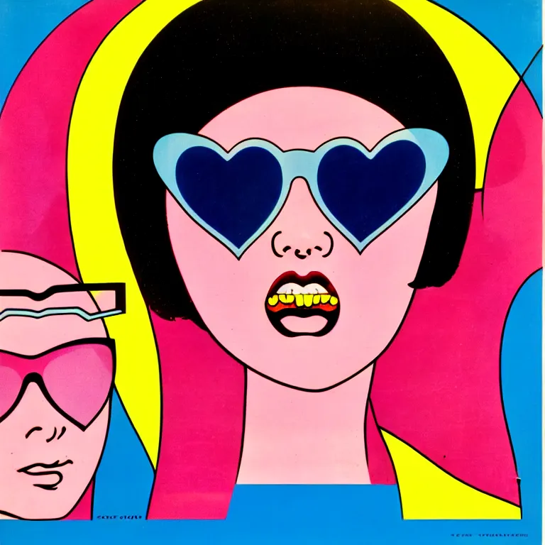 Prompt: by tadanori yokoo. anime girl wearing heart shaped sunglasses. a 1 9 8 0 s retro illustration. detailed, sunburst