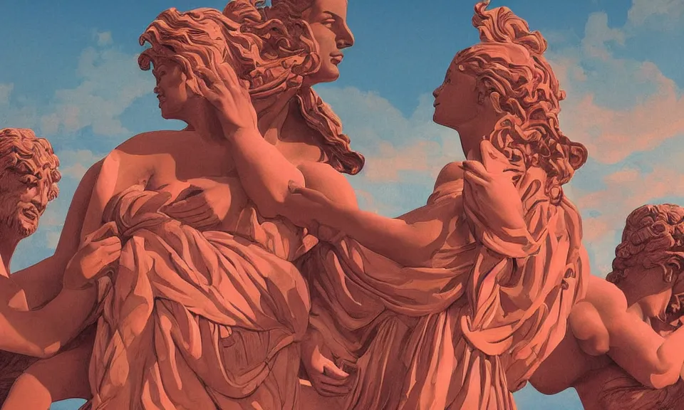 Prompt: digital painting of people revering at the base of a greek sculpture a beautiful massive female statue surrounded by dreamy coral, sunrise in nre york, by syd mead and jack kirby, color scheme, arik roper, concept art