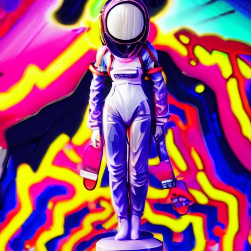 Image similar to : extremely beautiful photo of a black marble statue of an anime girl with colorful skateboard logos and helmet with closed visor, colorful hyperbolic background, fine art, neon genesis evangelion, virgil abloh, offwhite, denoise, highly detailed, 8 k, hyperreal