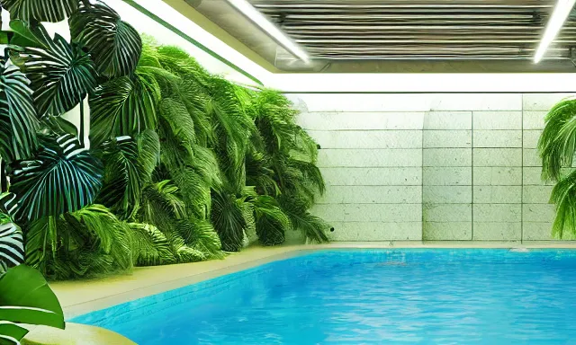 Prompt: 3d render of indoor pool with ferns and palm trees, pool tubes, chromatic abberation, dramatic lighting, depth of field, 80s photo