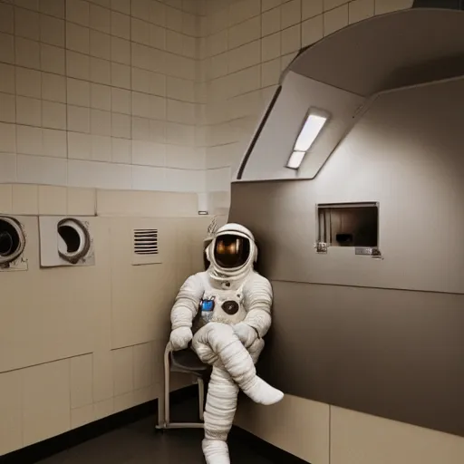 Image similar to a beautiful photo of an astronaut waiting in a laundromat, '70, soft light, morning light, photorealistic, realistic, octane, 8k, cinematic shot