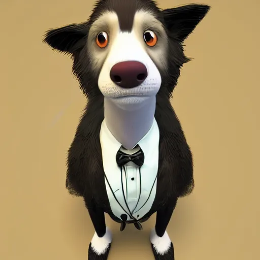 Image similar to a portrait of a cute male anthro border collie wearing a suit. fursona commission on furaffinity, disney, detailed, soft lighting, rendered in octane, furry