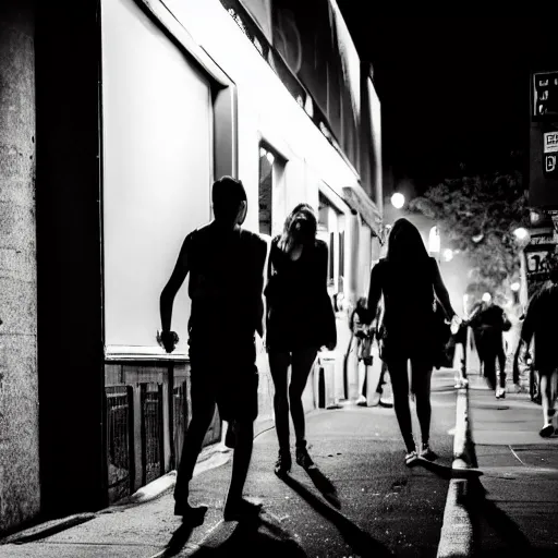 Image similar to Street photography, a close up of several people leaving a seedy nightclub at 5am, someone is smoking, someone is screaming,