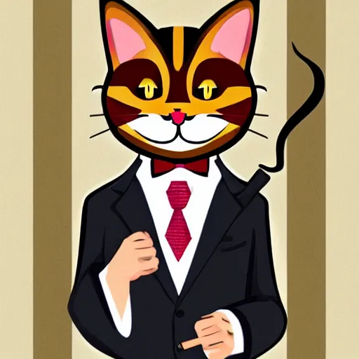 Image similar to an antropomorphic cat wearing a suit smoking a cigar