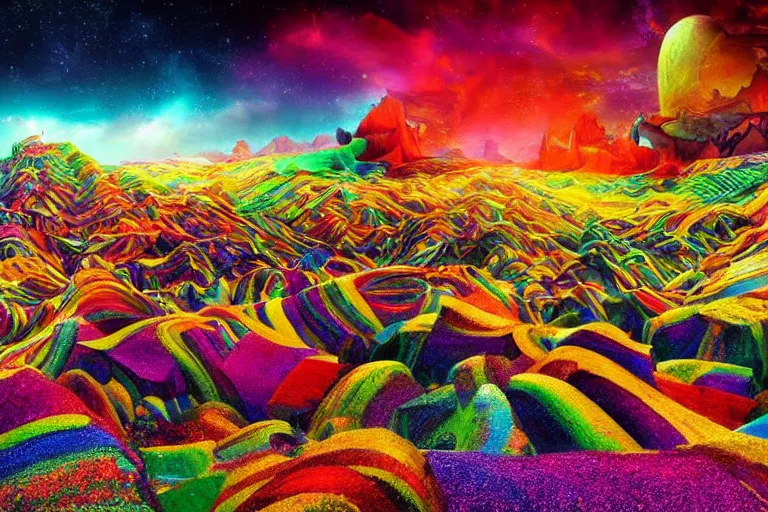 Prompt: a very beautiful crazy colorful landscape photo of a secret civilization, hyperdetailed, cinematic masterpiece