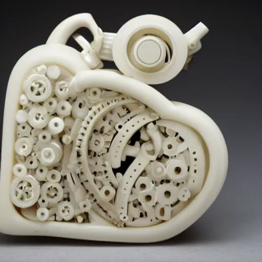 Image similar to bio mechanical heart carved out of ivory, canon 5 d 5 0 mm lens