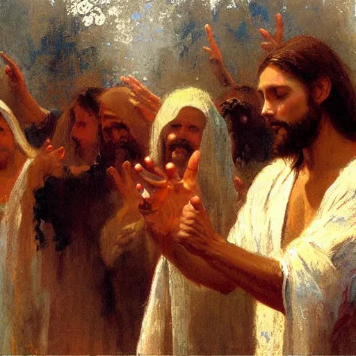 Image similar to Jesus doing the crip hand sign, painting by Gaston Bussiere, Craig Mullins