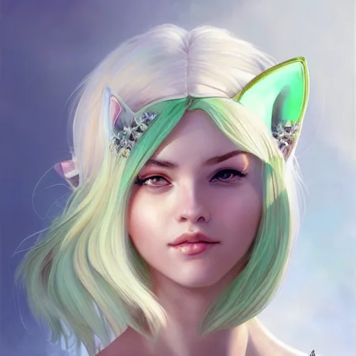 Image similar to ultra realistic illustration, dream girl with white hair, with light green eyes, with cat ears, in a sundress, intricate, elegant, highly detailed, digital painting, artstation, concept art, smooth, sharp focus, illustration, art by artgerm and greg rutkowski and alphonse mucha