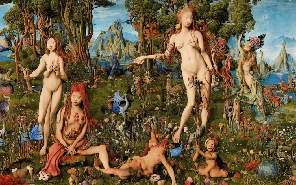 Image similar to a photograph of a meditating centaur shaman and a harpy mermaid feeding animals. surrounded by bulbous flowers, animals and a few trees. river delta with mountains and cliffs under a blue sky full of burning stars and birds. painted by jan van eyck, max ernst, ernst haeckel, ernst fuchs and artgerm. trending on artstation