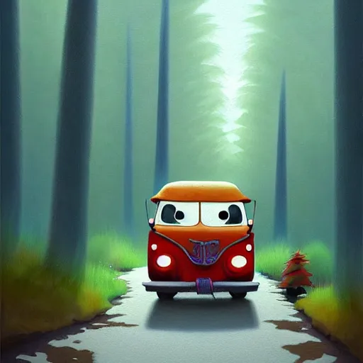 Image similar to goro fujita ilustration a hippie van traveling through the canada forest, painting by goro fujita, sharp focus, highly detailed, artstation