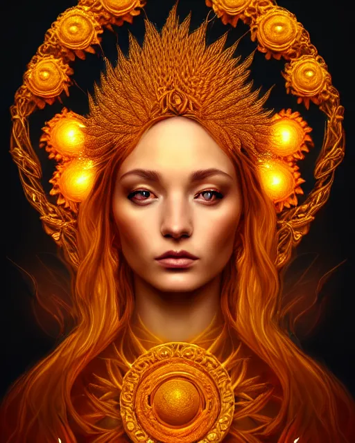 Image similar to portrait of the goddess of golden fire, unusual beauty, flowers and plants, emotionally evoking symbolic metaphors, head in focus, fantasy, ornamental, intricate, elegant, sensual, highly detailed digital painting, artstation, concept art, painterly, golden ratio, sharp focus, illustration