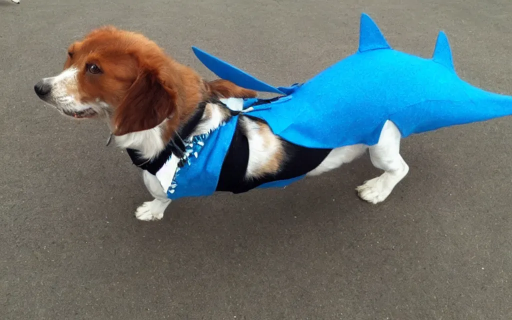 Prompt: Dog cosplaying badly as a shark