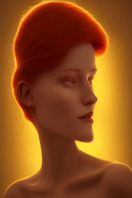 Prompt: Bioluminescent, portrait of redhead woman, very intricate , very elegant, in the golden hour by Daniel Merriam, Trending on Artstation, oil on Canvas by Elena Zhurikhina and Goro Fujita and Charlie Bowater, octane render, 4k, 8k, HD