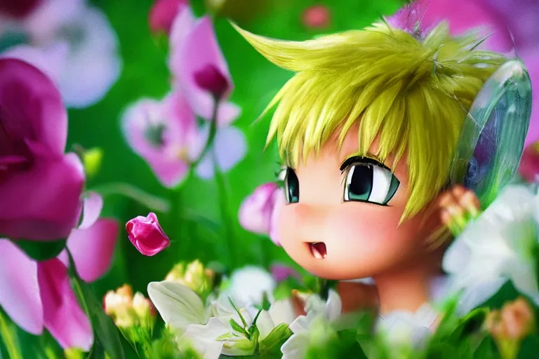 Prompt: (small anime Tinkerbell) kissing a big flower, hyper realism, macro shot