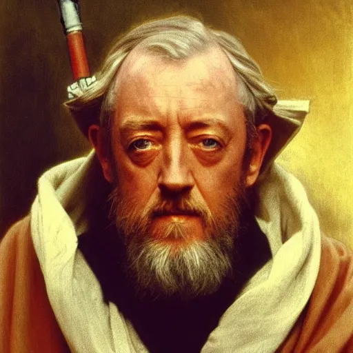 Image similar to Painting of Sir Alec Guinness as Obi-Wan Kenobi. Art by william adolphe bouguereau. During golden hour. Extremely detailed. Beautiful. 4K. Award winning.