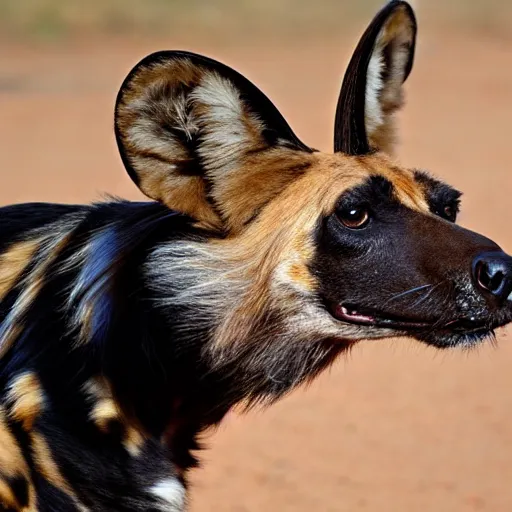 Image similar to A photo of the world's greatest showman: the african wild dog dressed in a hat!