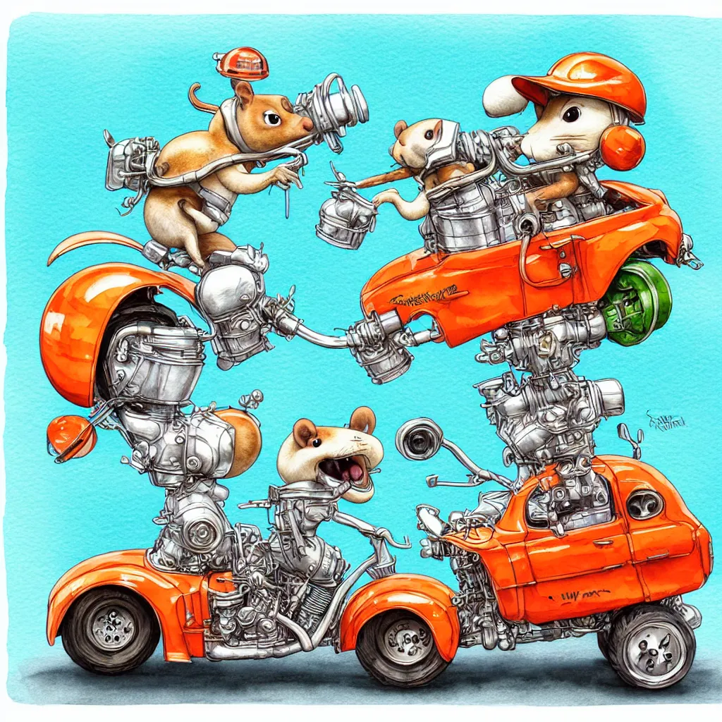 Image similar to cute and funny, squirrel wearing a helmet riding in a hot rod with oversized engine, ratfink style by ed roth, centered award winning watercolor pen illustration, isometric illustration by chihiro iwasaki, edited by range murata, tiny details by artgerm and watercolor girl, symmetrically isometrically centered, sharply focused