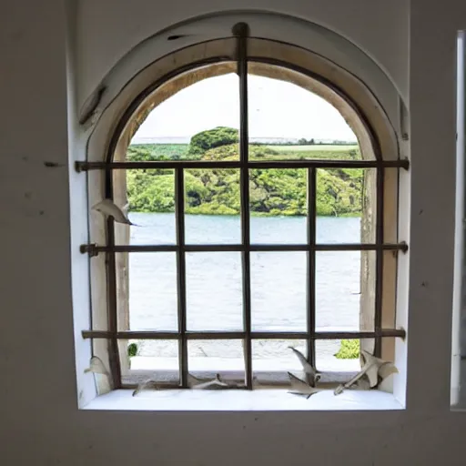 Image similar to a mullioned window through which you can see the sea with big shark fins