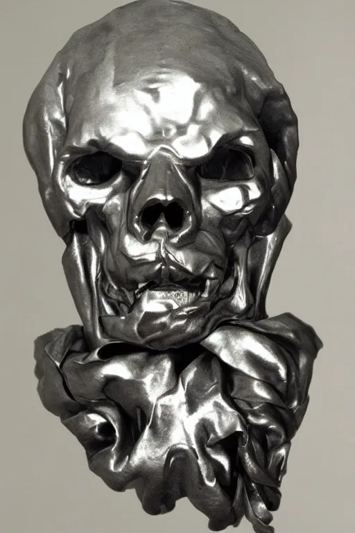 Image similar to opened head showing part of the silver skull sculpture by bernini and hedi xandt made with black marble with partial gold plating, realistic